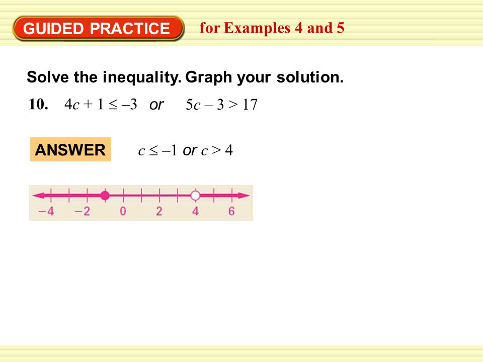 GUIDED PRACTICE for Examples 4 and 5. Solve the inequality. Graph your solution c + 1  –3.