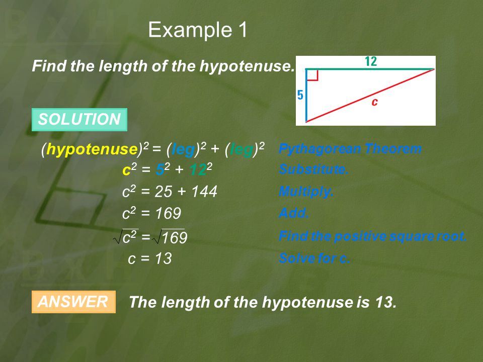 Example 1 Find the length of the hypotenuse. SOLUTION