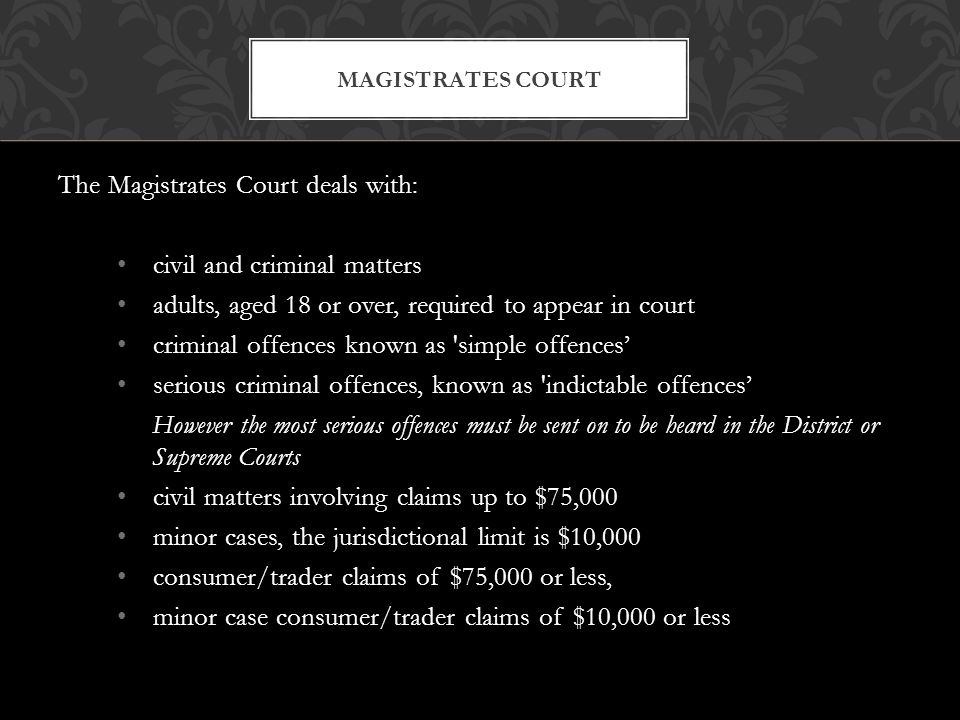 The Magistrates Court deals with: civil and criminal matters