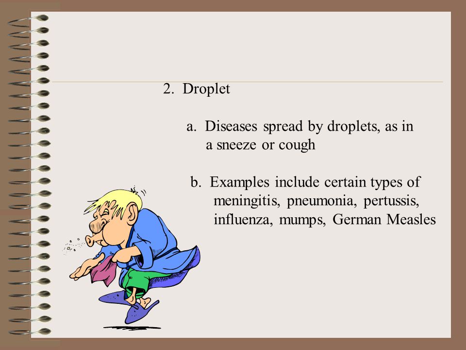 2. Droplet a. Diseases spread by droplets, as in. a sneeze or cough. b. Examples include certain types of.