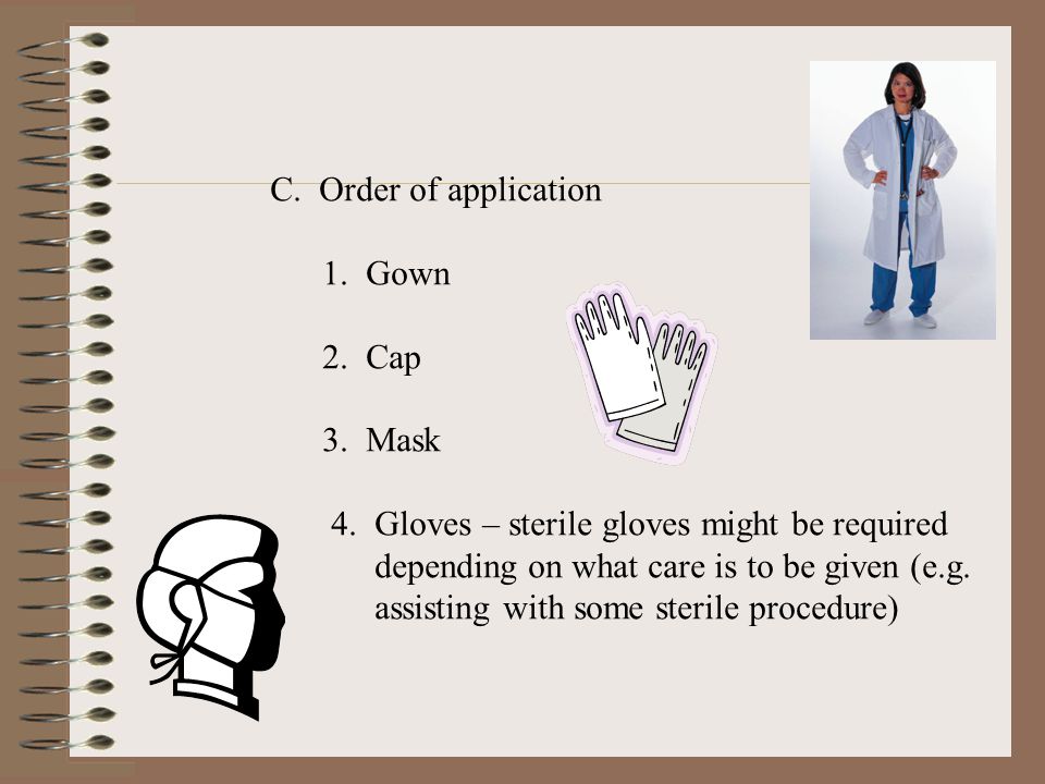 C. Order of application 1. Gown. 2. Cap. 3. Mask. 4. Gloves – sterile gloves might be required.