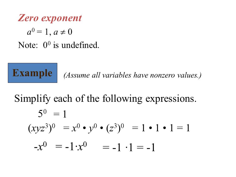 -x0 = -1∙x0 = -1 ∙1 = -1 Zero exponent Example