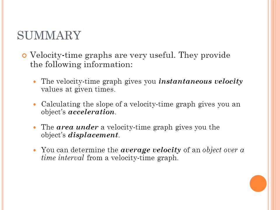 SUMMARY Velocity-time graphs are very useful. They provide the following information: