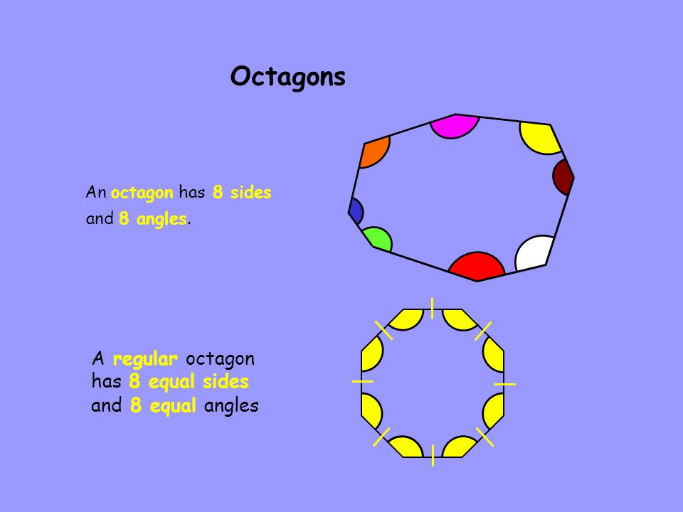Octagons A regular octagon has 8 equal sides and 8 equal angles