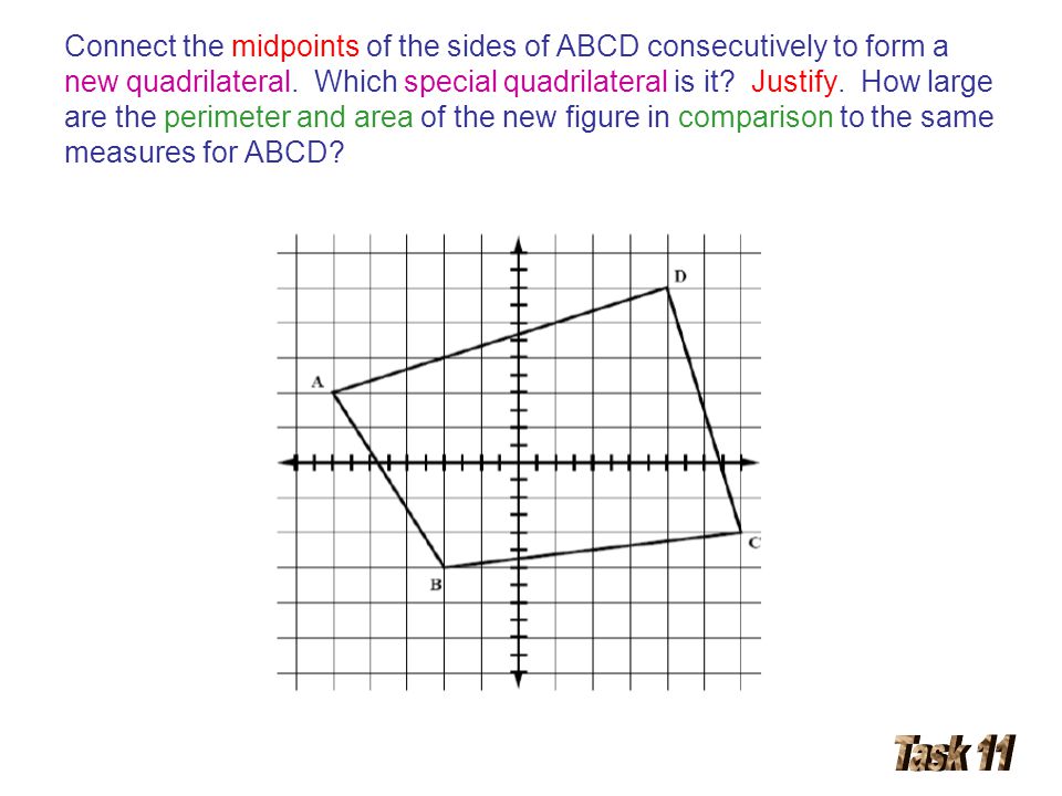 Connect the midpoints of the sides of ABCD consecutively to form a new quadrilateral. Which special quadrilateral is it Justify. How large are the perimeter and area of the new figure in comparison to the same measures for ABCD