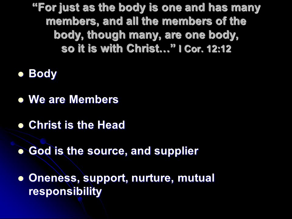 For just as the body is one and has many members, and all the members of the body, though many, are one body, so it is with Christ… I Cor. 12:12