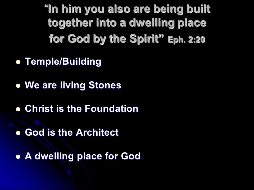 In him you also are being built together into a dwelling place for God by the Spirit Eph. 2:20