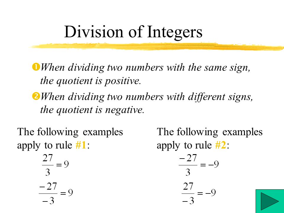 Division of Integers When dividing two numbers with the same sign, the quotient is positive.