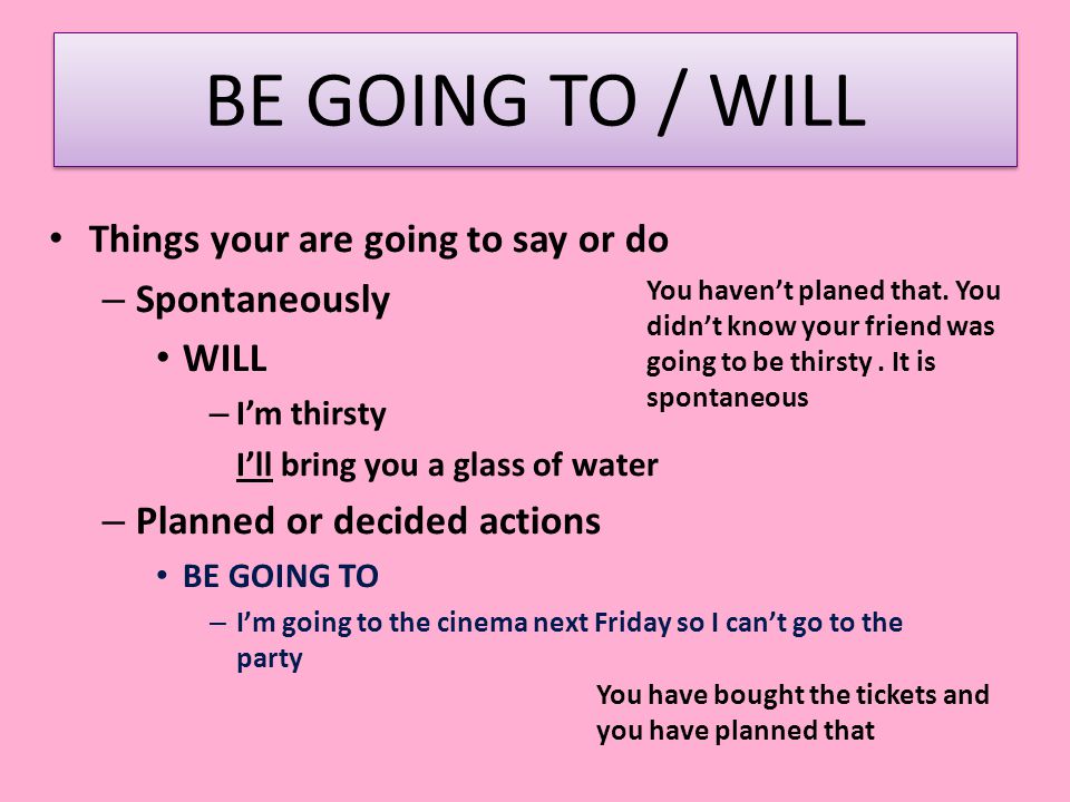 BE GOING TO / WILL Things your are going to say or do Spontaneously