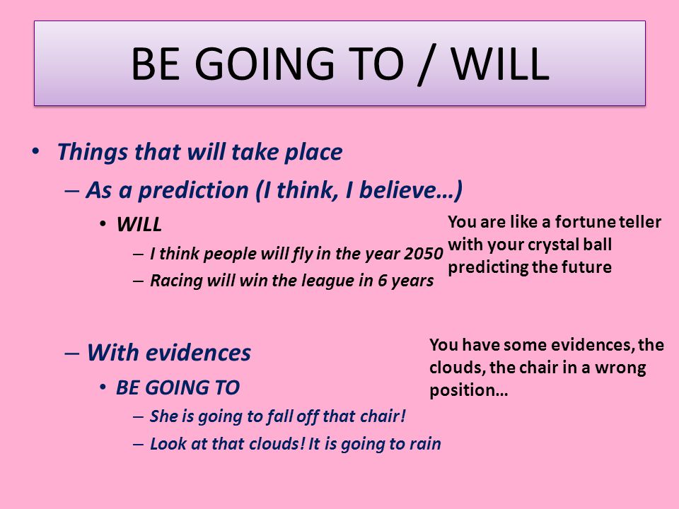 BE GOING TO / WILL Things that will take place