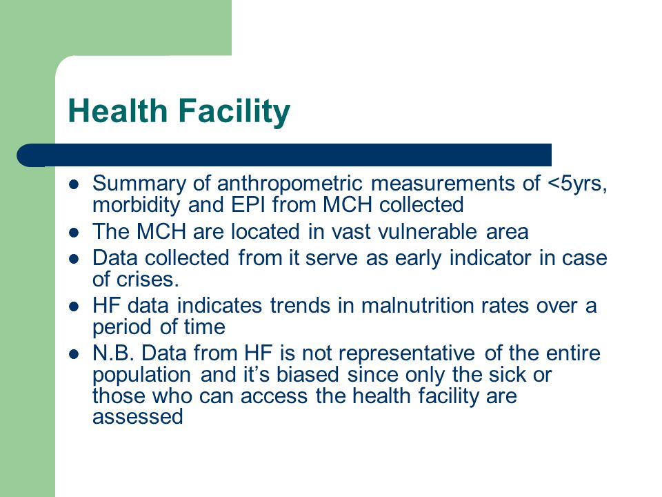 Health Facility Summary of anthropometric measurements of <5yrs, morbidity and EPI from MCH collected.