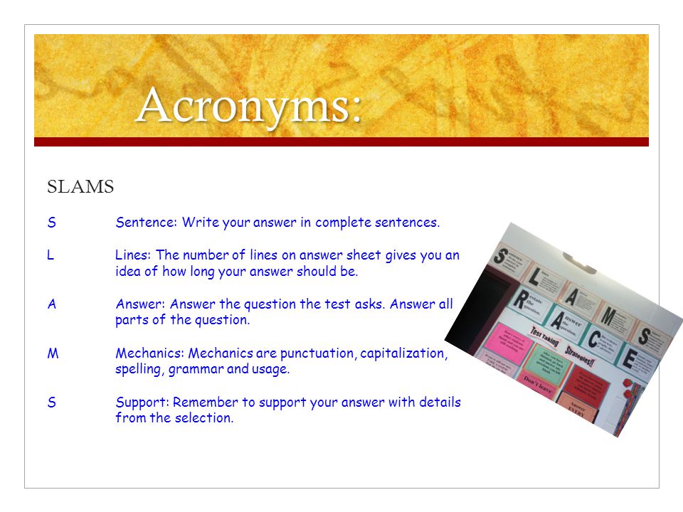 Acronyms: SLAMS S Sentence: Write your answer in complete sentences.