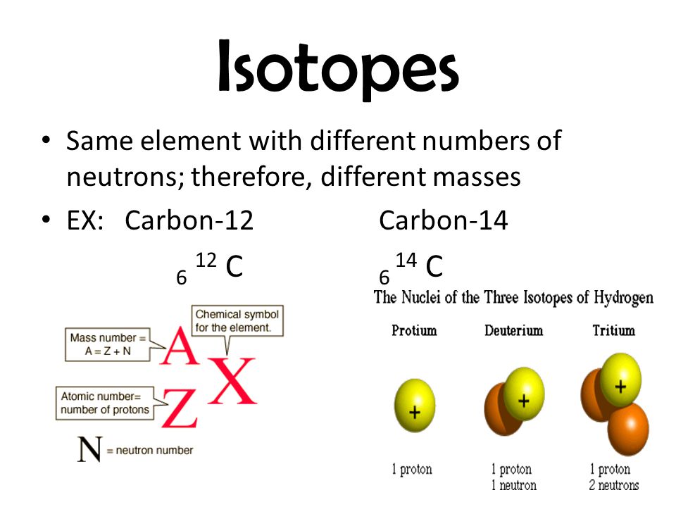Isotopes Same element with different numbers of neutrons; therefore, different masses. EX: Carbon-12 Carbon-14.