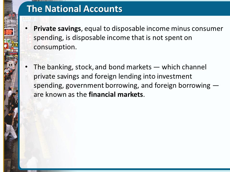 The National Accounts Private savings, equal to disposable income minus consumer spending, is disposable income that is not spent on consumption.
