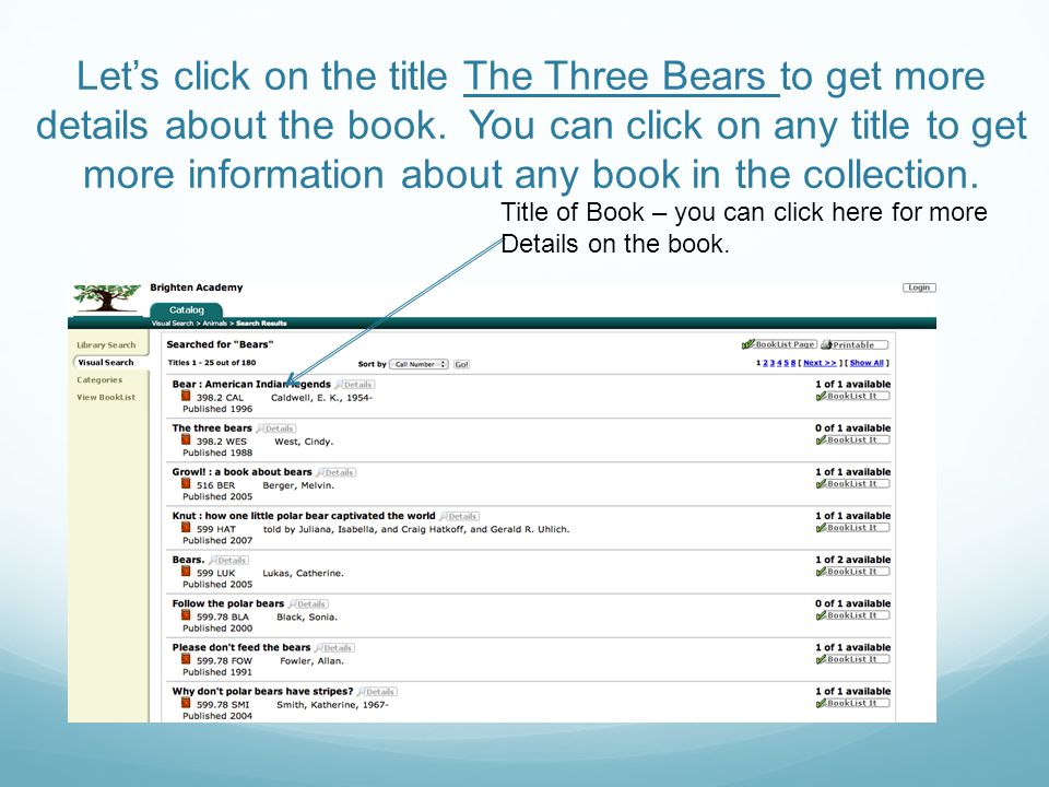 Let’s click on the title The Three Bears to get more details about the book. You can click on any title to get more information about any book in the collection.