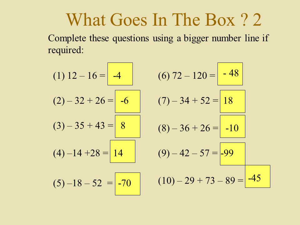 What Goes In The Box 2 Complete these questions using a bigger number line if required: (1) 12 – 16 =