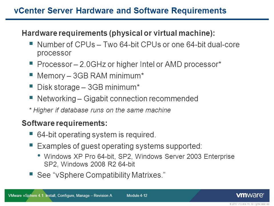 vCenter Server Hardware and Software Requirements