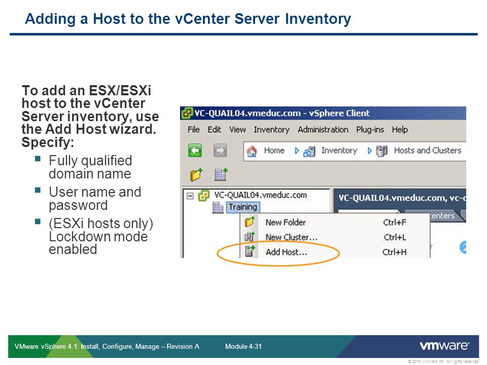 Adding a Host to the vCenter Server Inventory