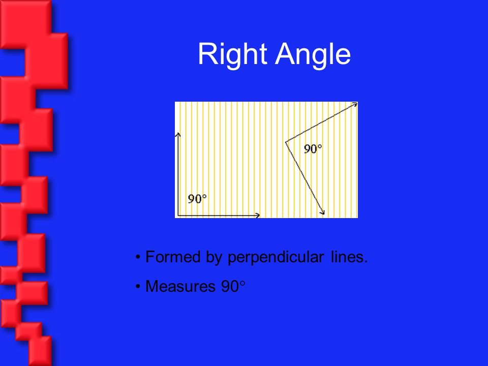 Right Angle Formed by perpendicular lines. Measures 90°