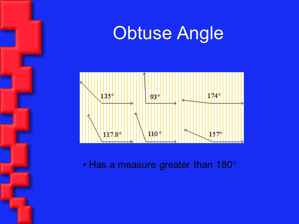 Obtuse Angle Has a measure greater than 180°
