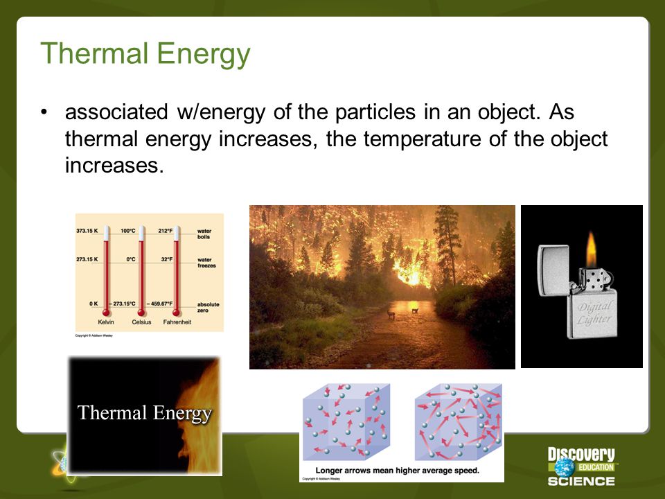 Thermal Energy associated w/energy of the particles in an object.