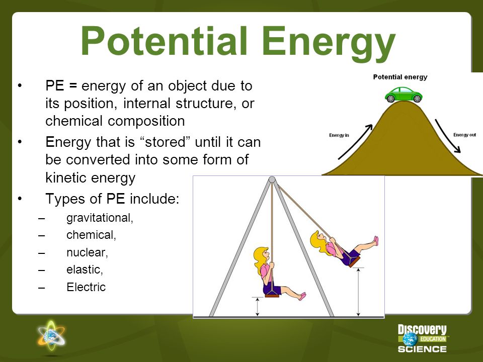 Potential Energy PE = energy of an object due to its position, internal structure, or chemical composition.