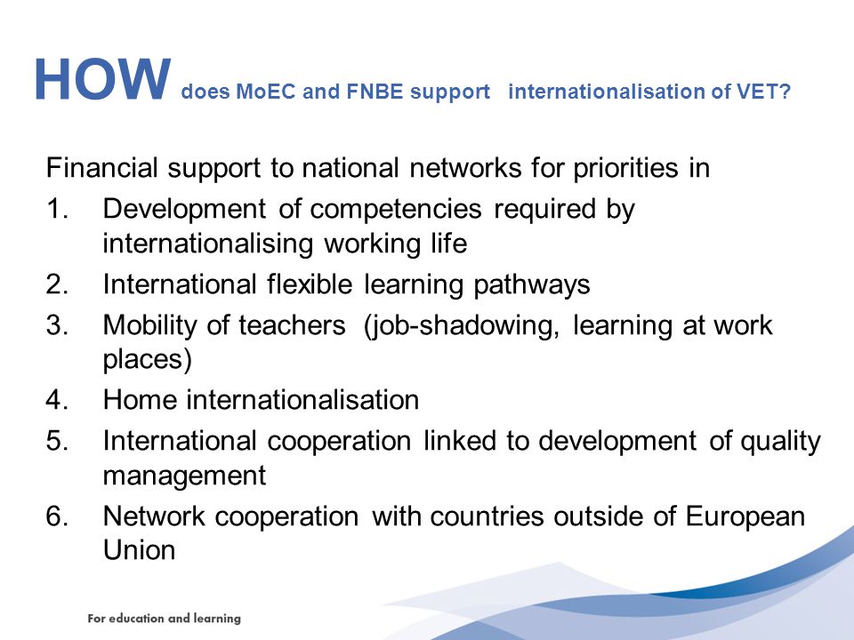 HOW does MoEC and FNBE support internationalisation of VET