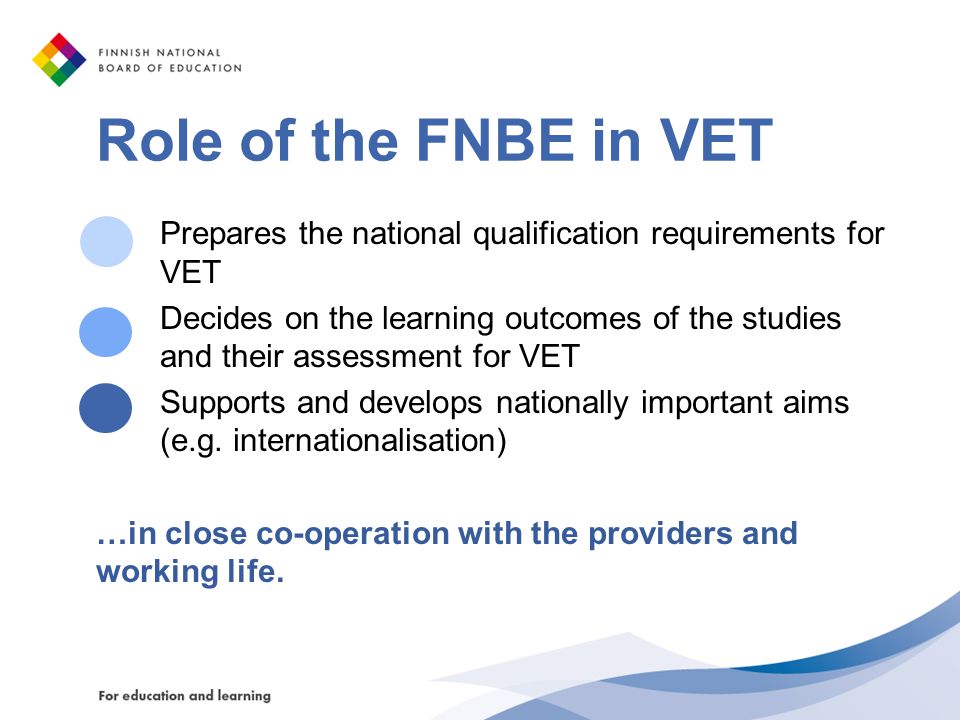 Role of the FNBE in VET Prepares the national qualification requirements for VET.