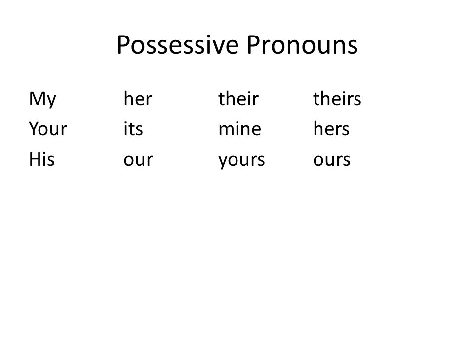 Possessive Pronouns My her their theirs Your its mine hers His our yours ours