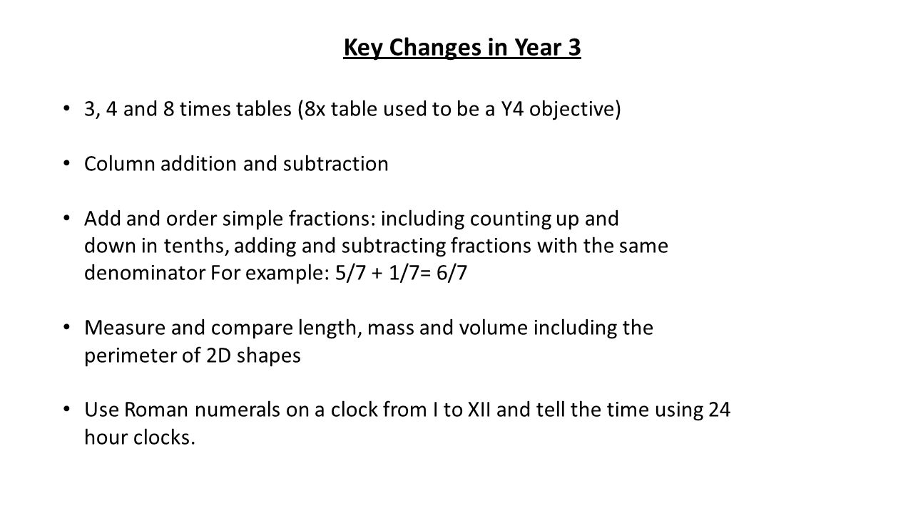 Key Changes in Year 3 3, 4 and 8 times tables (8x table used to be a Y4 objective) Column addition and subtraction.