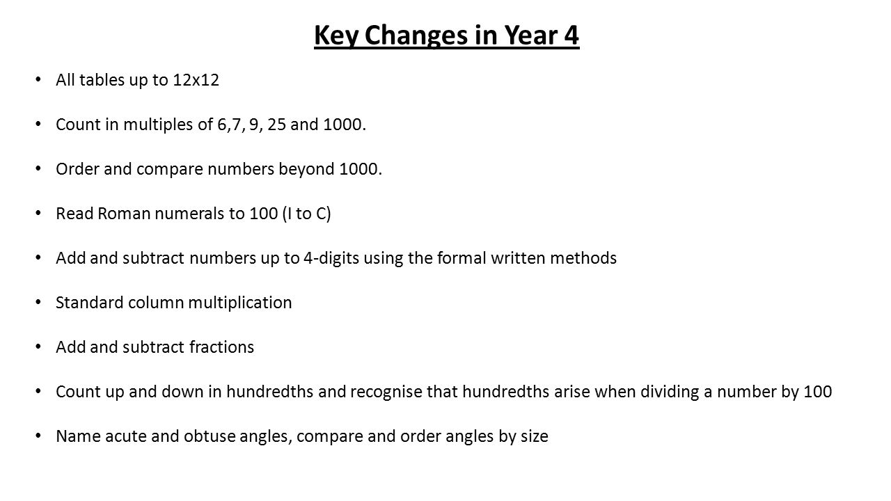 Key Changes in Year 4 All tables up to 12x12