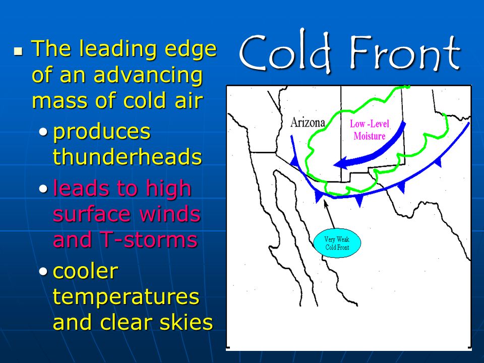 Cold Front The leading edge of an advancing mass of cold air