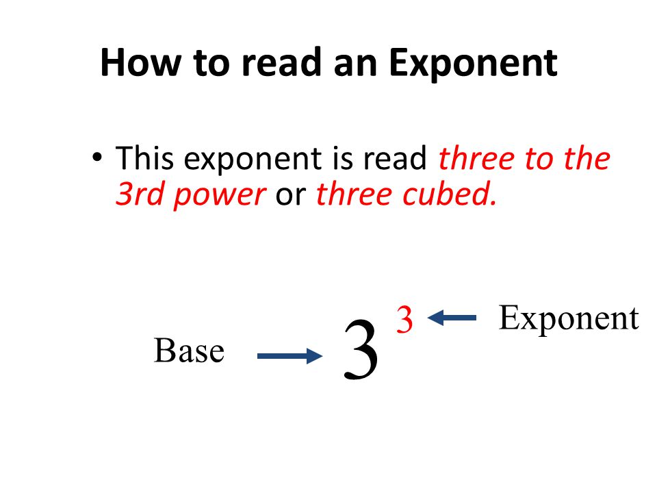 How to read an Exponent This exponent is read three to the 3rd power or three cubed Exponent.