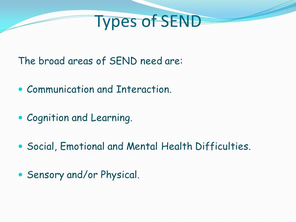 Types of SEND The broad areas of SEND need are: