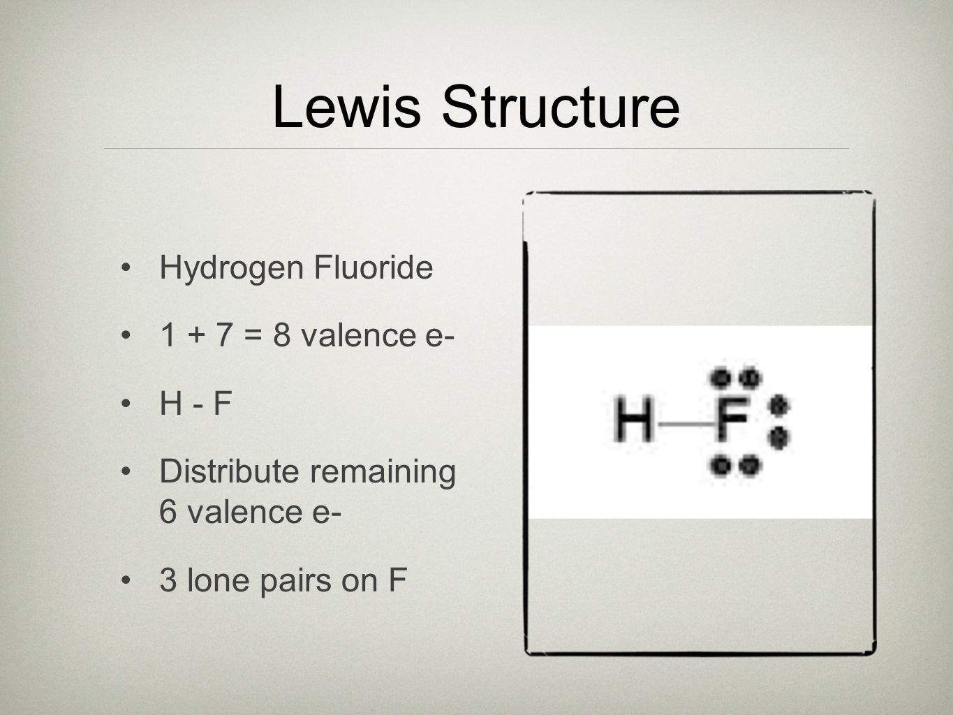 Lewis Structure Hydrogen Fluoride = 8 valence e- H - F