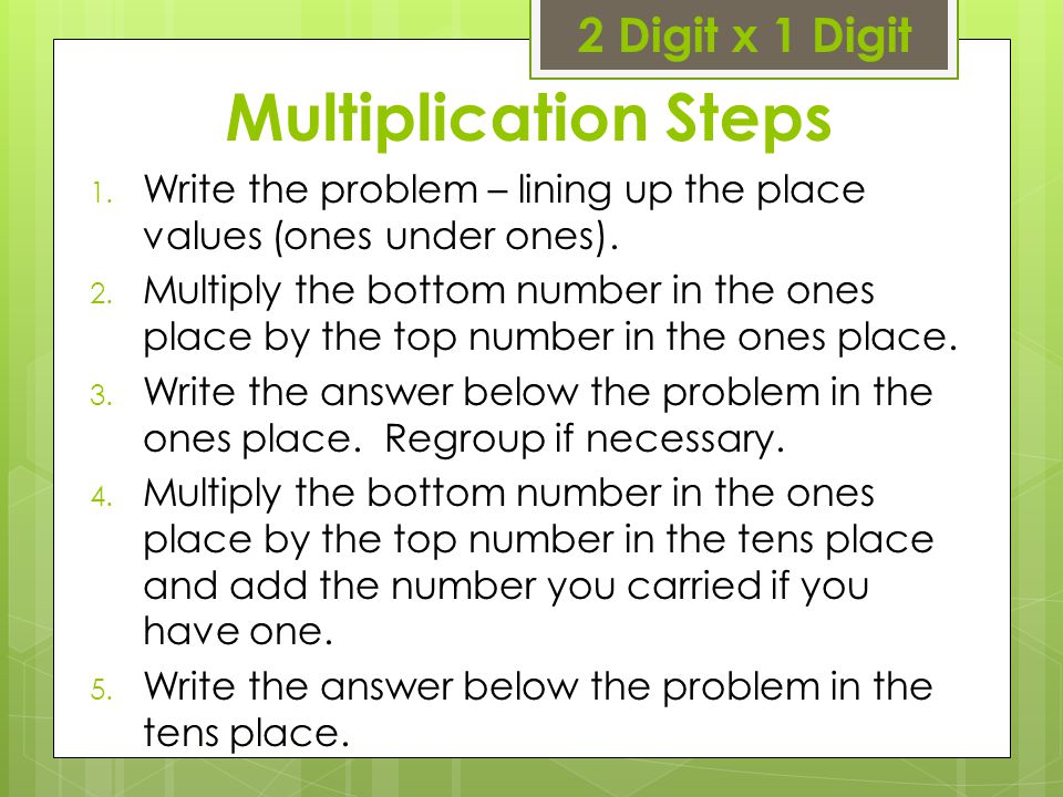 Multiplication Steps 2 Digit x 1 Digit