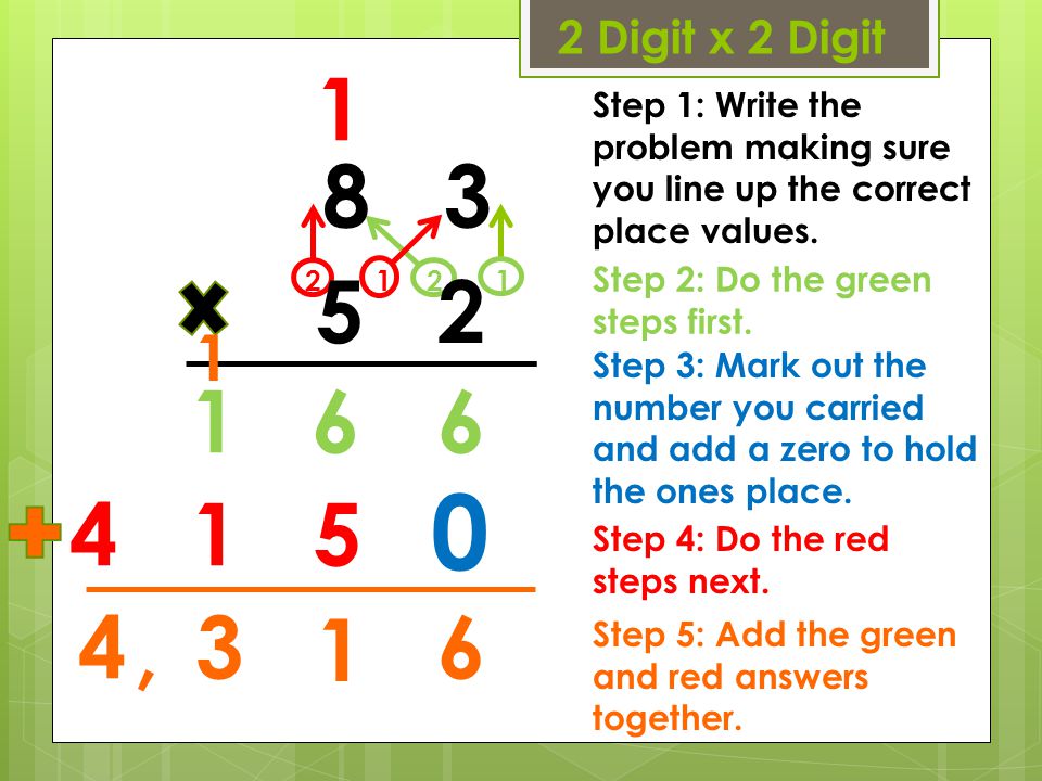 2 Digit x 2 Digit 1. Step 1: Write the problem making sure you line up the correct place values. 8.