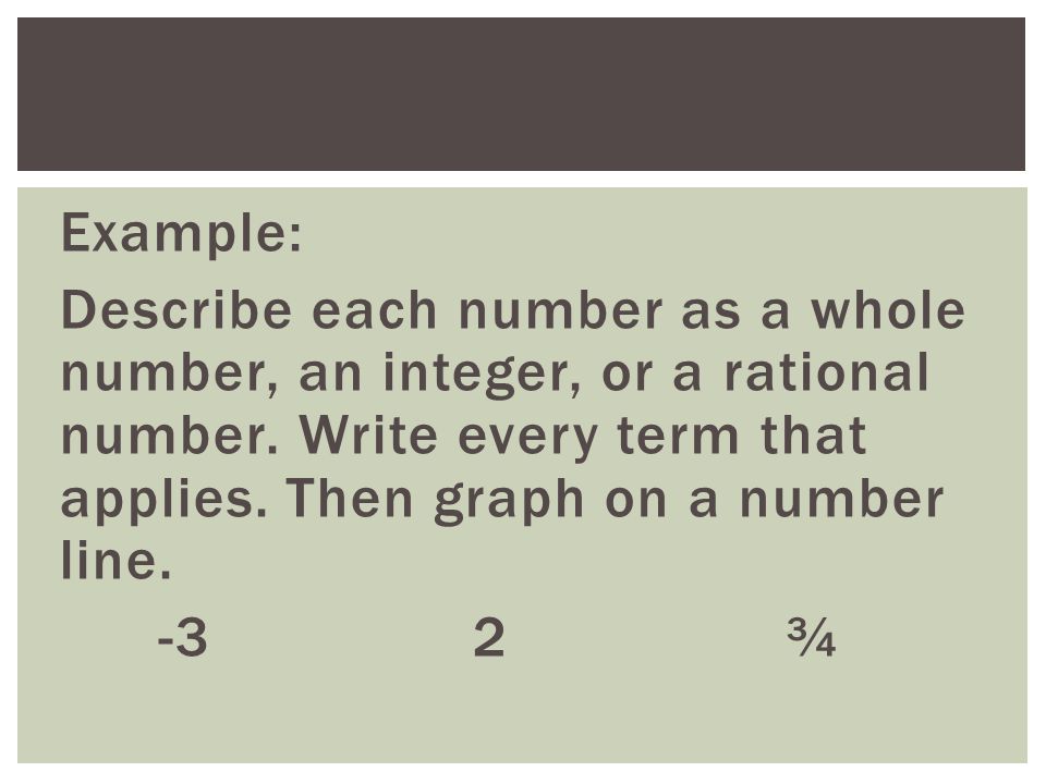 Example: Describe each number as a whole number, an integer, or a rational number.