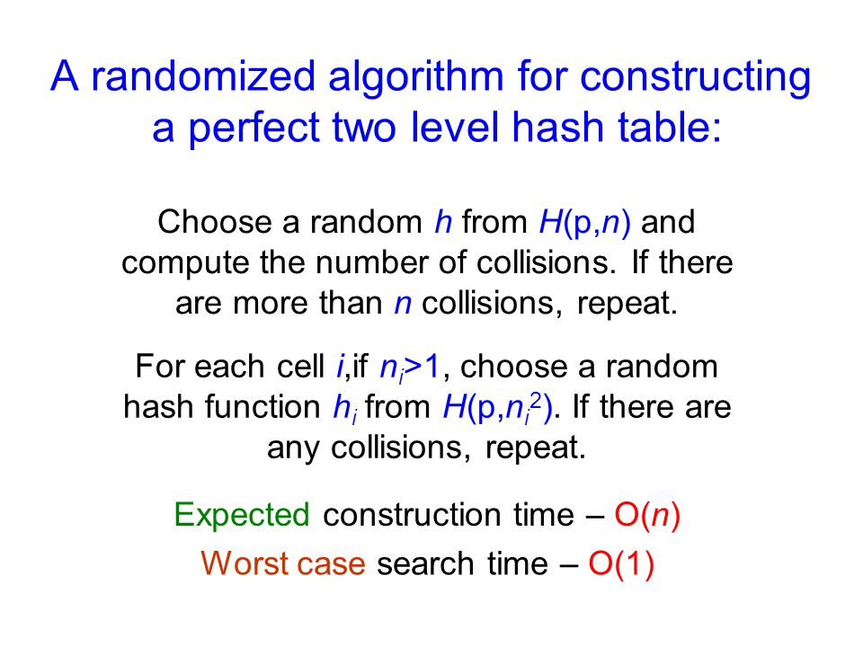 A randomized algorithm for constructing a perfect two level hash table: