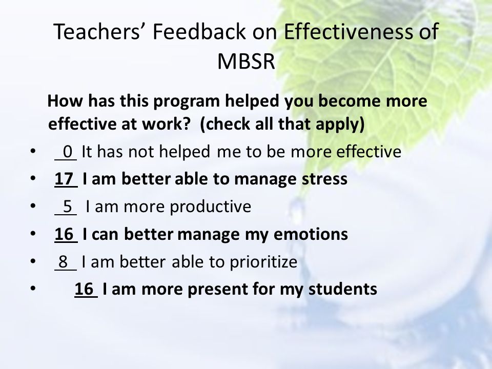 Teachers’ Feedback on Effectiveness of MBSR