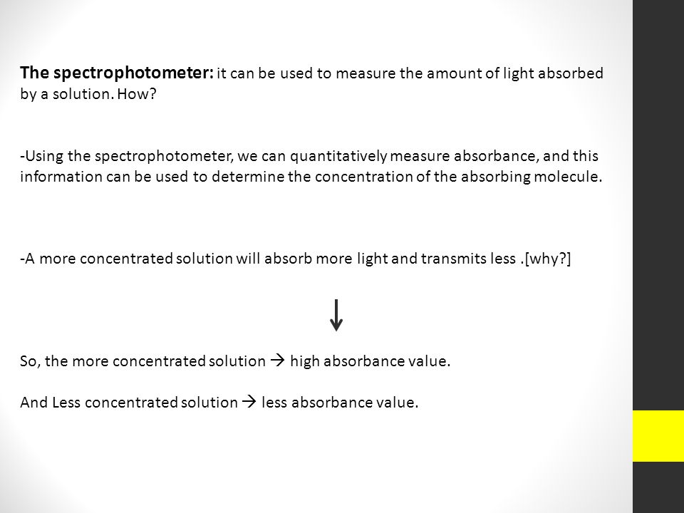 The spectrophotometer: it can be used to measure the amount of light absorbed by a solution. How