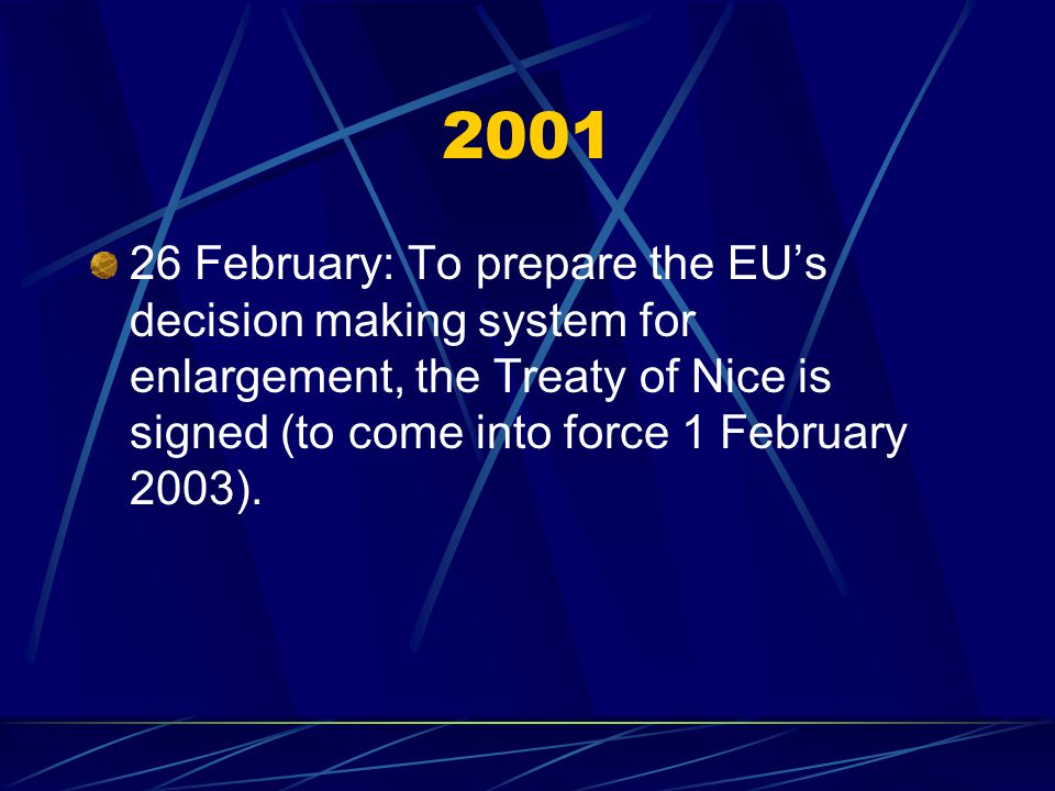 February: To prepare the EU’s decision making system for enlargement, the Treaty of Nice is signed (to come into force 1 February 2003).