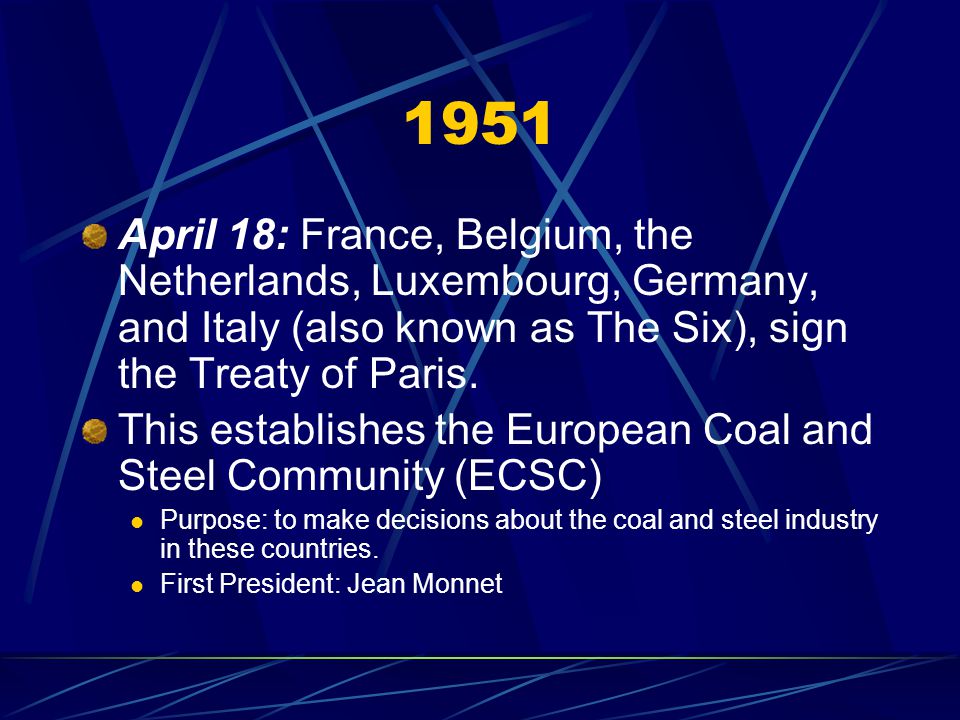 1951 April 18: France, Belgium, the Netherlands, Luxembourg, Germany, and Italy (also known as The Six), sign the Treaty of Paris.