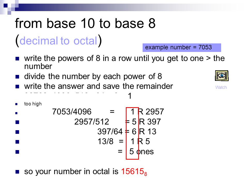 from base 10 to base 8 (decimal to octal)