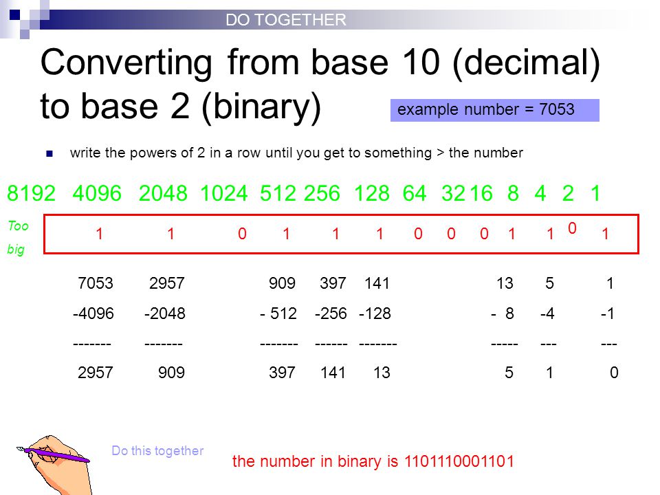 Converting from base 10 (decimal) to base 2 (binary)