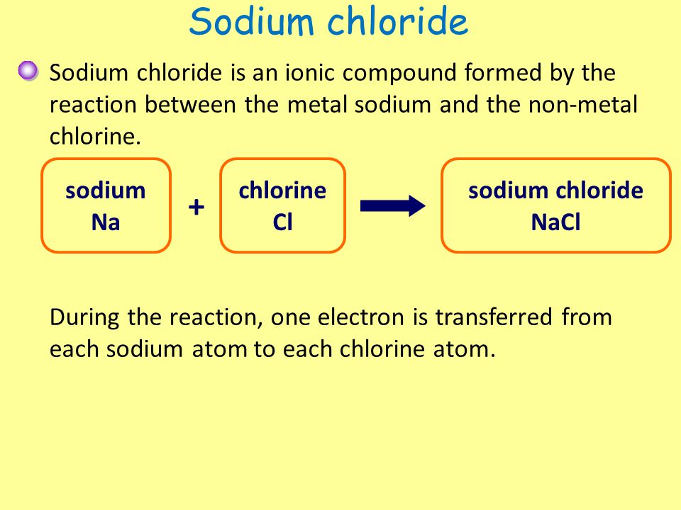 Sodium chloride Sodium chloride is an ionic compound formed by the reaction between the metal sodium and the non-metal chlorine.