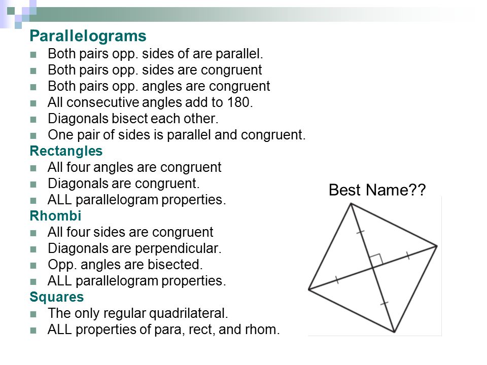Parallelograms Best Name Both pairs opp. sides of are parallel.