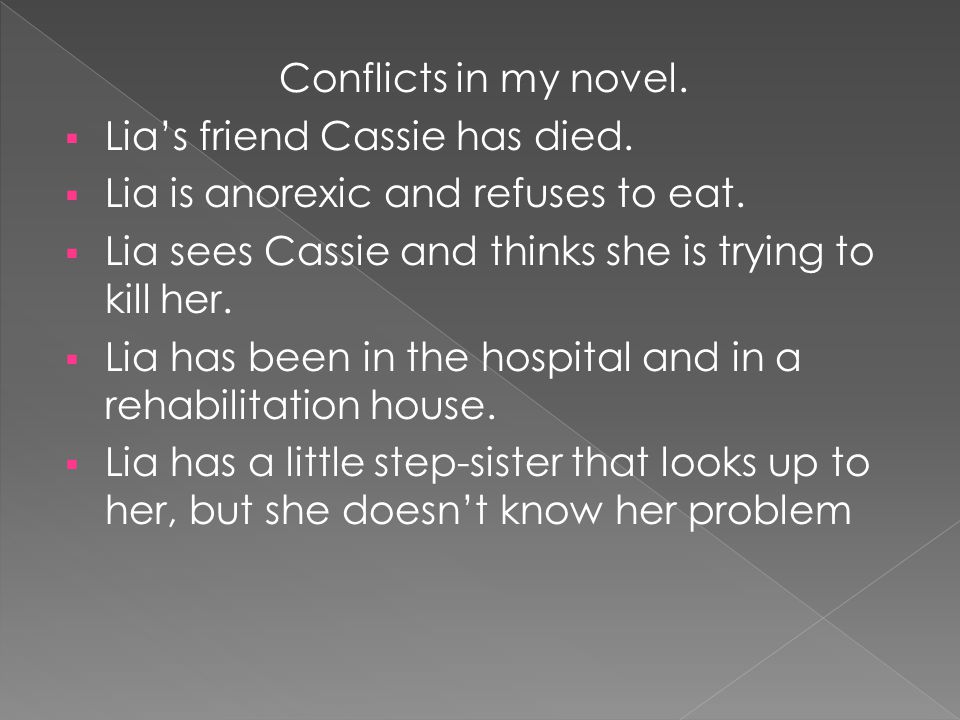 Conflicts in my novel. Lia’s friend Cassie has died. Lia is anorexic and refuses to eat. Lia sees Cassie and thinks she is trying to kill her.