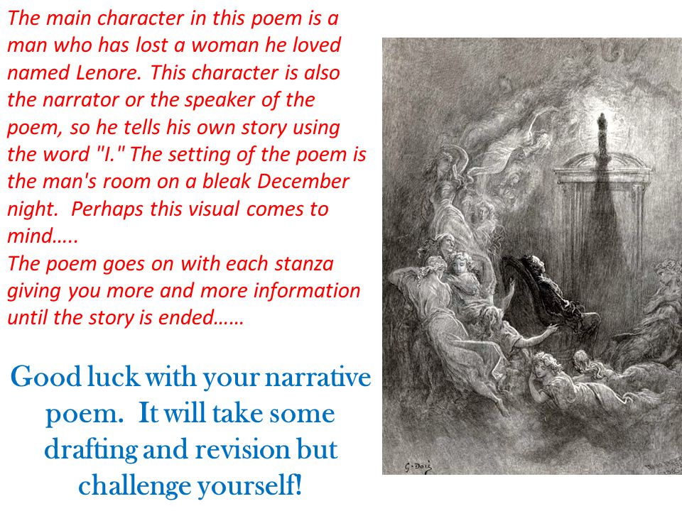 The main character in this poem is a man who has lost a woman he loved named Lenore. This character is also the narrator or the speaker of the poem, so he tells his own story using the word I. The setting of the poem is the man s room on a bleak December night. Perhaps this visual comes to mind…..