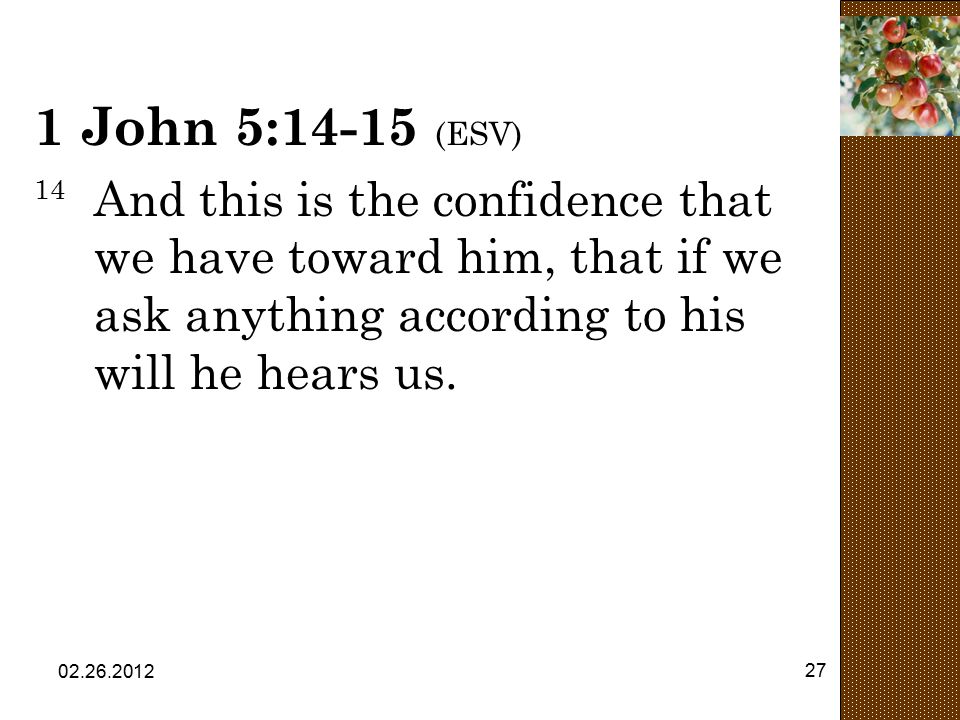 1 John 5:14-15 (ESV) 14 And this is the confidence that we have toward him, that if we ask anything according to his will he hears us.